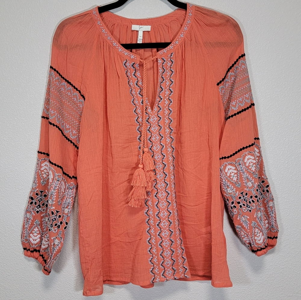 Joie embroidered Coral southwestern puff sleeve blouse